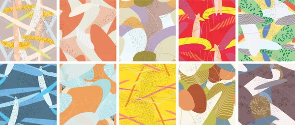 Soyut vektörsüz şablon ayarlandı. Organik grunge, üst üste binen dalgalı şekiller ve çizgiler. El yazısıyla çizilmiş pastel renkli arka plan. Çizgili noktalı yaprak formları. Düz tekstil kumaşı.