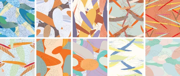 Soyut vektörsüz şablon ayarlandı. Organik grunge, üst üste binen dalgalı şekiller ve çizgiler. El yazısıyla çizilmiş pastel renkli arka plan. Çizgili noktalı yaprak formları. Düz tekstil kumaşı.