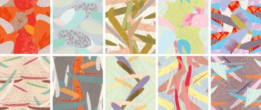 Soyut vektörsüz şablon ayarlandı. Organik grunge, üst üste binen dalgalı şekiller ve çizgiler. El yazısıyla çizilmiş pastel renkli arka plan. Çizgili noktalı yaprak formları. Düz tekstil kumaşı.