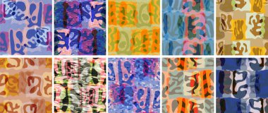 Vektörsüz şablon ayarlandı. Organik Matisse şekilleri. Doğal toprak renginde çiçek sualtı yaşamı. Soyut deniz yosunu kamuflaj arka planı. Moda dalgalı geometri. Rastgele katmanlanmış el çizimi sanat.