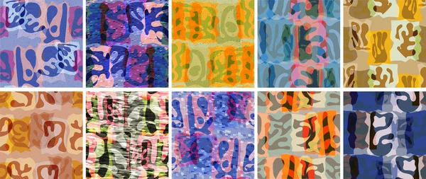 Vektörsüz şablon ayarlandı. Organik Matisse şekilleri. Doğal toprak renginde çiçek sualtı yaşamı. Soyut deniz yosunu kamuflaj arka planı. Moda dalgalı geometri. Rastgele katmanlanmış el çizimi sanat.