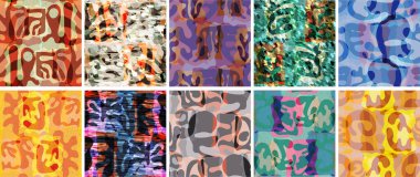 Vektörsüz şablon ayarlandı. Organik Matisse şekilleri. Doğal toprak renginde çiçek sualtı yaşamı. Soyut deniz yosunu kamuflaj arka planı. Moda dalgalı geometri. Rastgele katmanlanmış el çizimi sanat.