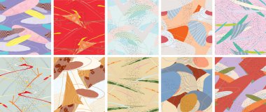 Soyut vektörsüz şablon ayarlandı. Organik grunge, üst üste binen dalgalı şekiller ve çizgiler. El yazısıyla çizilmiş pastel renkli arka plan. Çizgili noktalı yaprak formları. Düz tekstil kumaşı.