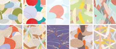 Soyut vektörsüz şablon ayarlandı. Organik grunge, üst üste binen dalgalı şekiller ve çizgiler. El yazısıyla çizilmiş pastel renkli arka plan. Çizgili noktalı yaprak formları. Düz tekstil kumaşı.