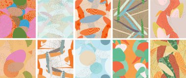 Soyut vektörsüz şablon ayarlandı. Organik grunge, üst üste binen dalgalı şekiller ve çizgiler. El yazısıyla çizilmiş pastel renkli arka plan. Çizgili noktalı yaprak formları. Düz tekstil kumaşı.