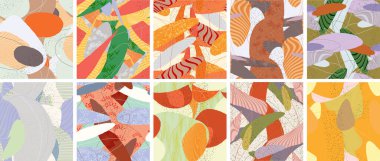 Soyut vektörsüz şablon ayarlandı. Organik grunge, üst üste binen dalgalı şekiller ve çizgiler. El yazısıyla çizilmiş pastel renkli arka plan. Çizgili noktalı yaprak formları. Düz tekstil kumaşı.