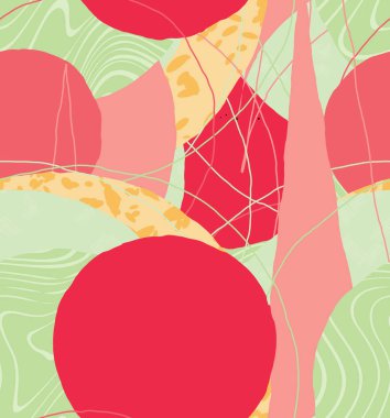 Soyut vektör kusursuz desen. Organik grunge, üst üste binen dalgalı şekiller ve çizgiler. El yazısıyla çizilmiş pastel renkli arka plan. Çizgili noktalı yaprak formları. Düz tekstil kumaşı. 