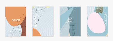 Karmaşık şekilli vektör kapağı şablonu veya elle çizilmiş cıvatalar. Çizgili dalgalı şekiller ve çizgi tasarımları. Düz tarzda soyut hipster arkaplan. Modern sanat modelleri.