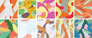 Soyut vektörsüz şablon ayarlandı. Organik grunge, üst üste binen dalgalı şekiller ve çizgiler. El yazısıyla çizilmiş pastel renkli arka plan. Çizgili noktalı yaprak formları. Düz tekstil kumaşı.