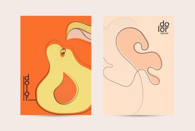 Eko ambalaj vektör tasarımı. Düz renkli meyve logosu ve grunge deseni. Doodle sebze çiziyor. Sağlıklı yiyecek. Vegan cıvata eskiz posteri. Yaz organik taze kavram.