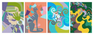 Sanatsal soyut vektör. Duvar yazısı tarzında süslü kıvrımlı posterler. Kübizm sanat tasarım elementleri. Modern mistik doğal ruhani fikir. El çiziminde gelecekçi geometri.