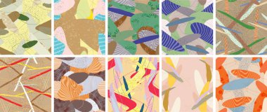 Soyut vektörsüz şablon ayarlandı. Organik grunge, üst üste binen dalgalı şekiller ve çizgiler. El yazısıyla çizilmiş pastel renkli arka plan. Çizgili noktalı yaprak formları. Düz tekstil kumaşı.