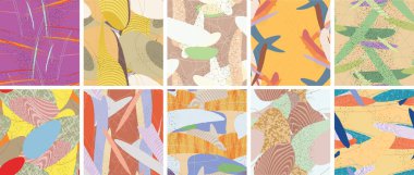 Soyut vektörsüz şablon ayarlandı. Organik grunge, üst üste binen dalgalı şekiller ve çizgiler. El yazısıyla çizilmiş pastel renkli arka plan. Çizgili noktalı yaprak formları. Düz tekstil kumaşı.