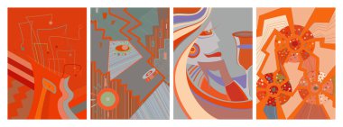 Sanatsal soyut vektör. Duvar yazısı tarzında süslü kıvrımlı posterler. Kübizm sanat tasarım elementleri. Modern mistik doğal ruhani fikir. El çiziminde gelecekçi geometri.