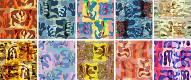 Vektörsüz şablon ayarlandı. Organik Matisse şekilleri. Doğal toprak renginde çiçek sualtı yaşamı. Soyut deniz yosunu kamuflaj arka planı. Moda dalgalı geometri. Rastgele katmanlanmış el çizimi sanat.