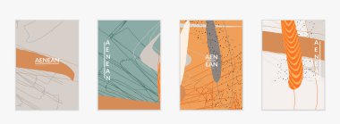 Minimum soyut vektör kaplama şablonu. Organik grunge, üst üste binen dalgalı şekiller ve çizgiler. El yazısıyla çizilmiş pastel renkli arka plan. Çizgili noktalı yaprak formları. Çağdaş tasarım.