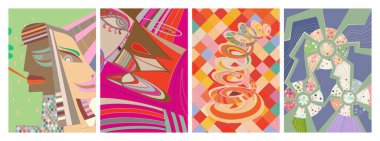 Sanatsal soyut vektör. Duvar yazısı tarzında süslü kıvrımlı posterler. Kübizm sanat tasarım elementleri. Modern mistik doğal ruhani fikir. El çiziminde gelecekçi geometri.