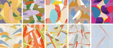 Soyut vektörsüz şablon ayarlandı. Organik grunge, üst üste binen dalgalı şekiller ve çizgiler. El yazısıyla çizilmiş pastel renkli arka plan. Çizgili noktalı yaprak formları. Düz tekstil kumaşı.