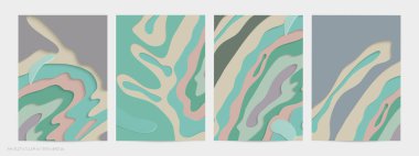 Soyut üç boyutlu kağıt, sanatı keser. Dalgalı kağıt işçiliğiyle renkli bir arka plan. Sanatsal vektör gerçekçi gölgeli şekilleri kesiyor. Parlak oyma dokusu. Topografi yardım taklidi.