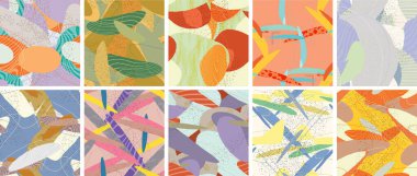 Soyut vektörsüz şablon ayarlandı. Organik grunge, üst üste binen dalgalı şekiller ve çizgiler. El yazısıyla çizilmiş pastel renkli arka plan. Çizgili noktalı yaprak formları. Düz tekstil kumaşı.