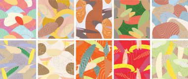 Soyut vektörsüz şablon ayarlandı. Organik grunge, üst üste binen dalgalı şekiller ve çizgiler. El yazısıyla çizilmiş pastel renkli arka plan. Çizgili noktalı yaprak formları. Düz tekstil kumaşı.