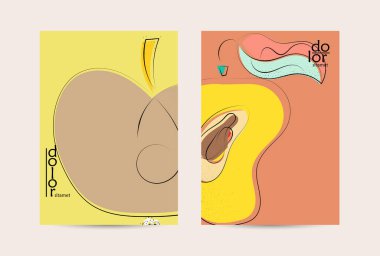 Vektör uçucu şablonu. Soyut el şafağı meyve posteri. Grange desenli düz tasarım. Organik doğal gıda sanatsal illüstrasyonu. Düzgün kıvrımlı çizgi çizgi çizgi çizgi çizgi logosu.