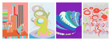 Sanatsal soyut vektör. Duvar yazısı tarzında süslü kıvrımlı posterler. Kübizm sanat tasarım elementleri. Modern mistik doğal ruhani fikir. El çiziminde gelecekçi geometri.