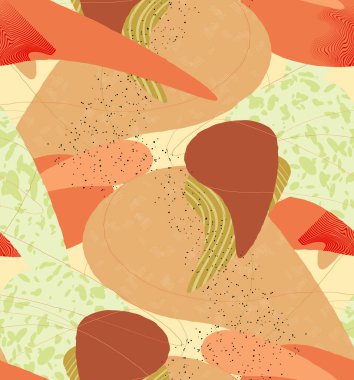Soyut vektör kusursuz desen. Organik grunge, üst üste binen dalgalı şekiller ve çizgiler. El yazısıyla çizilmiş pastel renkli arka plan. Çizgili noktalı yaprak formları. Düz tekstil kumaşı. 
