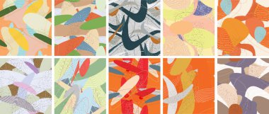 Soyut vektörsüz şablon ayarlandı. Organik grunge, üst üste binen dalgalı şekiller ve çizgiler. El yazısıyla çizilmiş pastel renkli arka plan. Çizgili noktalı yaprak formları. Düz tekstil kumaşı.