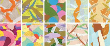 Soyut vektörsüz şablon ayarlandı. Organik grunge, üst üste binen dalgalı şekiller ve çizgiler. El yazısıyla çizilmiş pastel renkli arka plan. Çizgili noktalı yaprak formları. Düz tekstil kumaşı.