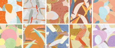 Soyut vektörsüz şablon ayarlandı. Organik grunge, üst üste binen dalgalı şekiller ve çizgiler. El yazısıyla çizilmiş pastel renkli arka plan. Çizgili noktalı yaprak formları. Düz tekstil kumaşı.