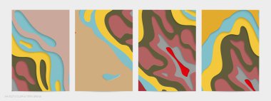 Soyut üç boyutlu kağıt, sanatı keser. Dalgalı kağıt işçiliğiyle renkli bir arka plan. Sanatsal vektör gerçekçi gölgeli şekilleri kesiyor. Parlak oyma dokusu. Topografi yardım taklidi.