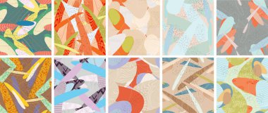 Soyut vektörsüz şablon ayarlandı. Organik grunge, üst üste binen dalgalı şekiller ve çizgiler. El yazısıyla çizilmiş pastel renkli arka plan. Çizgili noktalı yaprak formları. Düz tekstil kumaşı.