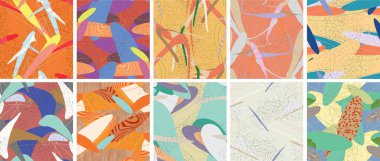 Soyut vektörsüz şablon ayarlandı. Organik grunge, üst üste binen dalgalı şekiller ve çizgiler. El yazısıyla çizilmiş pastel renkli arka plan. Çizgili noktalı yaprak formları. Düz tekstil kumaşı.