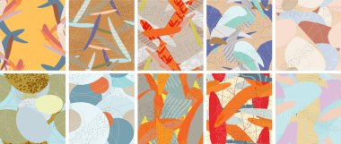 Soyut vektörsüz şablon ayarlandı. Organik grunge, üst üste binen dalgalı şekiller ve çizgiler. El yazısıyla çizilmiş pastel renkli arka plan. Çizgili noktalı yaprak formları. Düz tekstil kumaşı.