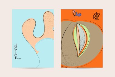 Eko ambalaj vektör tasarımı. Düz renkli meyve logosu ve grunge deseni. Doodle sebze çiziyor. Sağlıklı yiyecek. Vegan cıvata eskiz posteri. Yaz organik taze kavram.