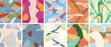 Soyut vektörsüz şablon ayarlandı. Organik grunge, üst üste binen dalgalı şekiller ve çizgiler. El yazısıyla çizilmiş pastel renkli arka plan. Çizgili noktalı yaprak formları. Düz tekstil kumaşı.