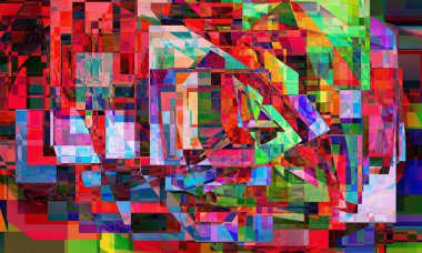 Soyut vektör duvar kağıdı. Üst üste binen küçük renkli kareler. Retro TV test hatası dijital sanat. Piksel düzensiz geometrik desen. Web veri siber uzay bilgisayar filtrelenmiş dokusu.