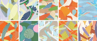 Soyut vektörsüz şablon ayarlandı. Organik grunge, üst üste binen dalgalı şekiller ve çizgiler. El yazısıyla çizilmiş pastel renkli arka plan. Çizgili noktalı yaprak formları. Düz tekstil kumaşı.