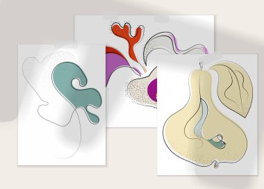 Gölge kaplamalı soyut el çizimi vektör çizimi poster. Çizgi sanatsal çizim ve doku. Retro düz renkler organik doğal tasarım. Organik sağlıklı vejetaryen karalaması..