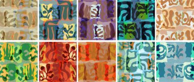 Vektörsüz şablon ayarlandı. Organik Matisse şekilleri. Doğal toprak renginde çiçek sualtı yaşamı. Soyut deniz yosunu kamuflaj arka planı. Moda dalgalı geometri. Rastgele katmanlanmış el çizimi sanat.