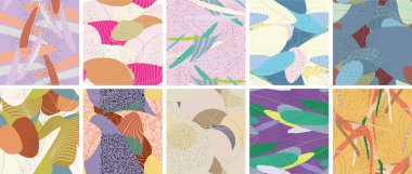 Soyut vektörsüz şablon ayarlandı. Organik grunge, üst üste binen dalgalı şekiller ve çizgiler. El yazısıyla çizilmiş pastel renkli arka plan. Çizgili noktalı yaprak formları. Düz tekstil kumaşı.