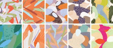 Soyut vektörsüz şablon ayarlandı. Organik grunge, üst üste binen dalgalı şekiller ve çizgiler. El yazısıyla çizilmiş pastel renkli arka plan. Çizgili noktalı yaprak formları. Düz tekstil kumaşı.