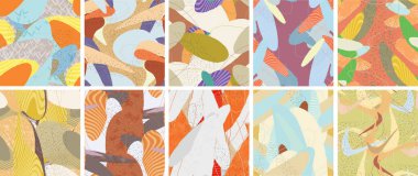 Soyut vektörsüz şablon ayarlandı. Organik grunge, üst üste binen dalgalı şekiller ve çizgiler. El yazısıyla çizilmiş pastel renkli arka plan. Çizgili noktalı yaprak formları. Düz tekstil kumaşı.