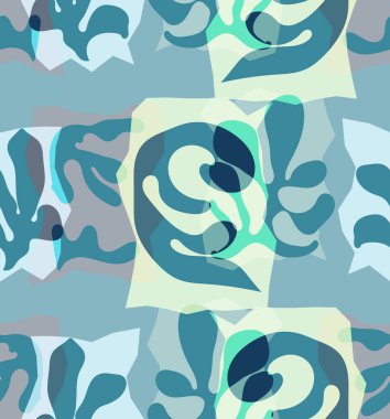 Organik Matisse şekillerinin kusursuz desenleri. Doğal toprak renkleri. Çiçekli sualtı yaşamı. Soyut deniz yosunu kamuflaj arka planı. Moda dalgalı geometri. Rastgele katmanlanmış el çizimi sanat.