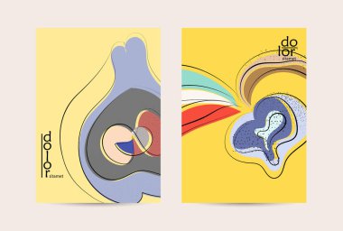 Eko ambalaj vektör tasarımı. Düz renkli meyve logosu ve grunge deseni. Doodle sebze çiziyor. Sağlıklı yiyecek. Vegan cıvata eskiz posteri. Yaz organik taze kavram.