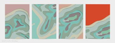 Soyut üç boyutlu kağıt, sanatı keser. Dalgalı kağıt işçiliğiyle renkli bir arka plan. Sanatsal vektör gerçekçi gölgeli şekilleri kesiyor. Parlak oyma dokusu. Topografi yardım taklidi.