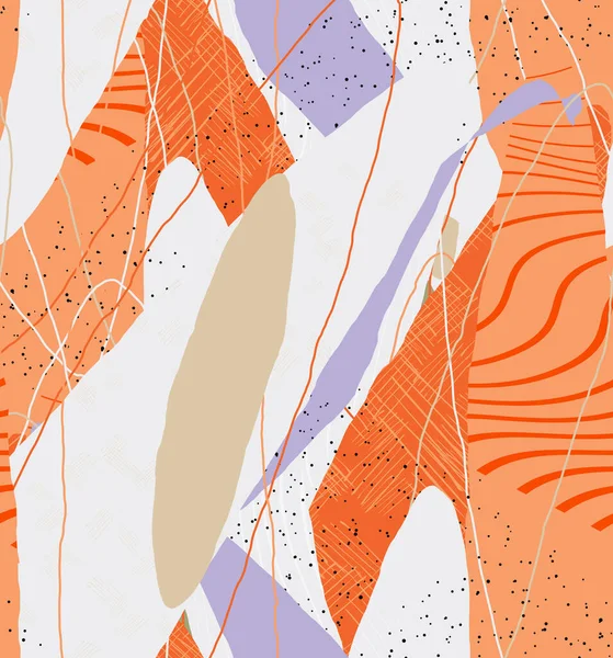 Abstract vector seamless pattern. Organic grunge textured overlapping wavy shapes and lines. Scribbled hand drawn pastel colored background. Striped dotted leaf forms. Flat textile swatch. 