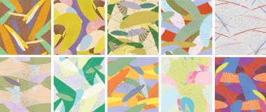 Soyut vektörsüz şablon ayarlandı. Organik grunge, üst üste binen dalgalı şekiller ve çizgiler. El yazısıyla çizilmiş pastel renkli arka plan. Çizgili noktalı yaprak formları. Düz tekstil kumaşı.