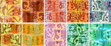 Vektörsüz şablon ayarlandı. Organik Matisse şekilleri. Doğal toprak renginde çiçek sualtı yaşamı. Soyut deniz yosunu kamuflaj arka planı. Moda dalgalı geometri. Rastgele katmanlanmış el çizimi sanat.